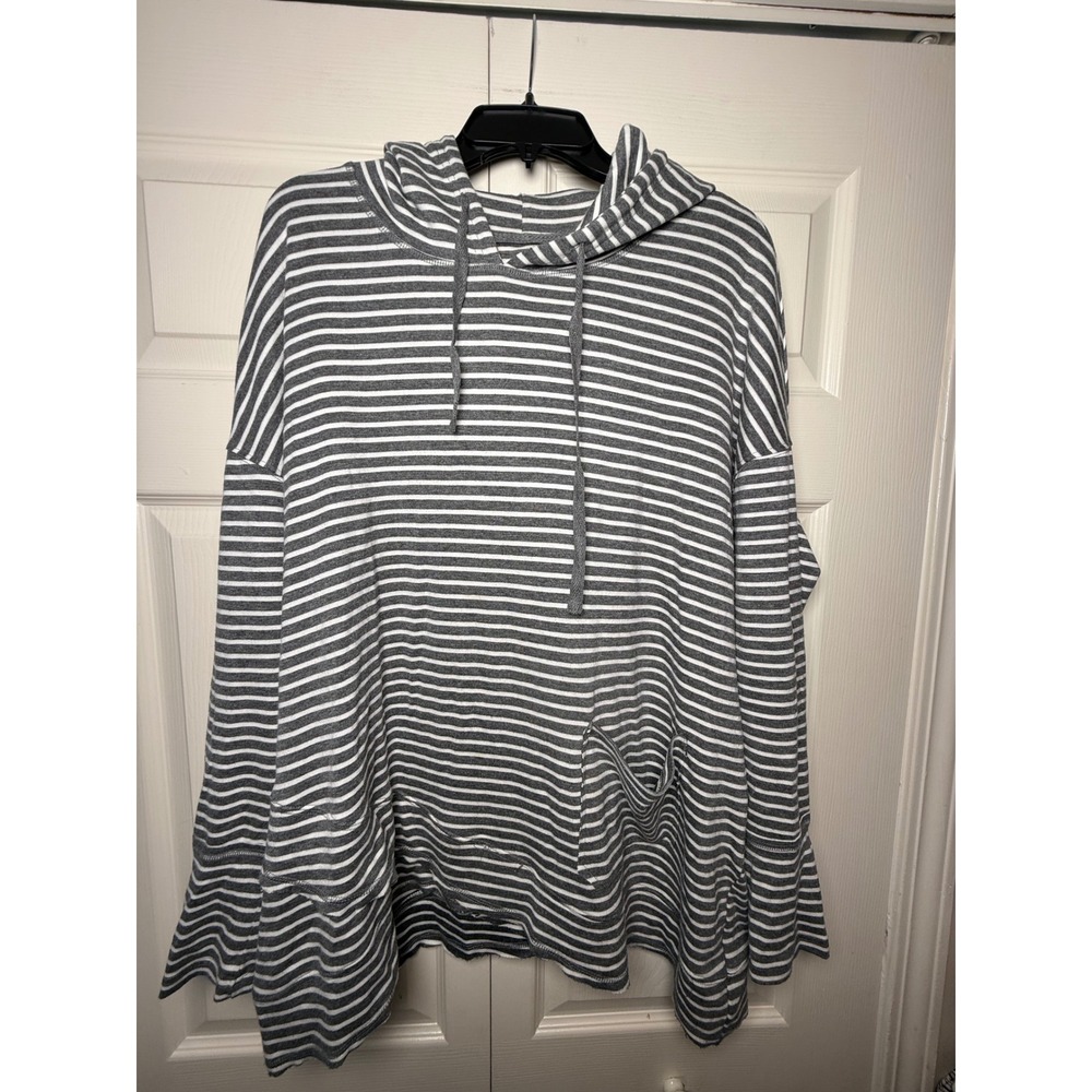 Evys Tree The Janelle Striped Hoodie Grey White Handkerchief Hem XL